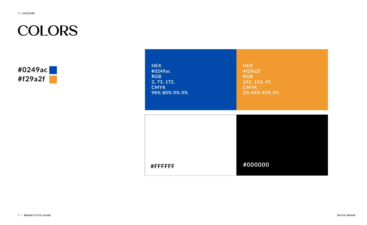 Original Skyza colour standards: deep blue, warm gold, white and black