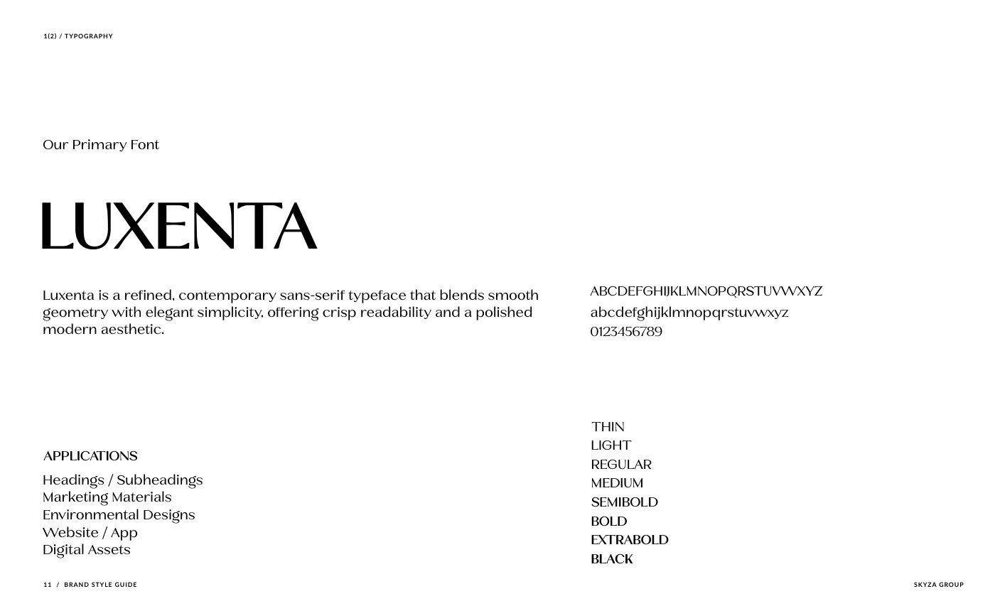 Original brand-guide page defining Luxenta as Skyza's primary heading and marketing typeface