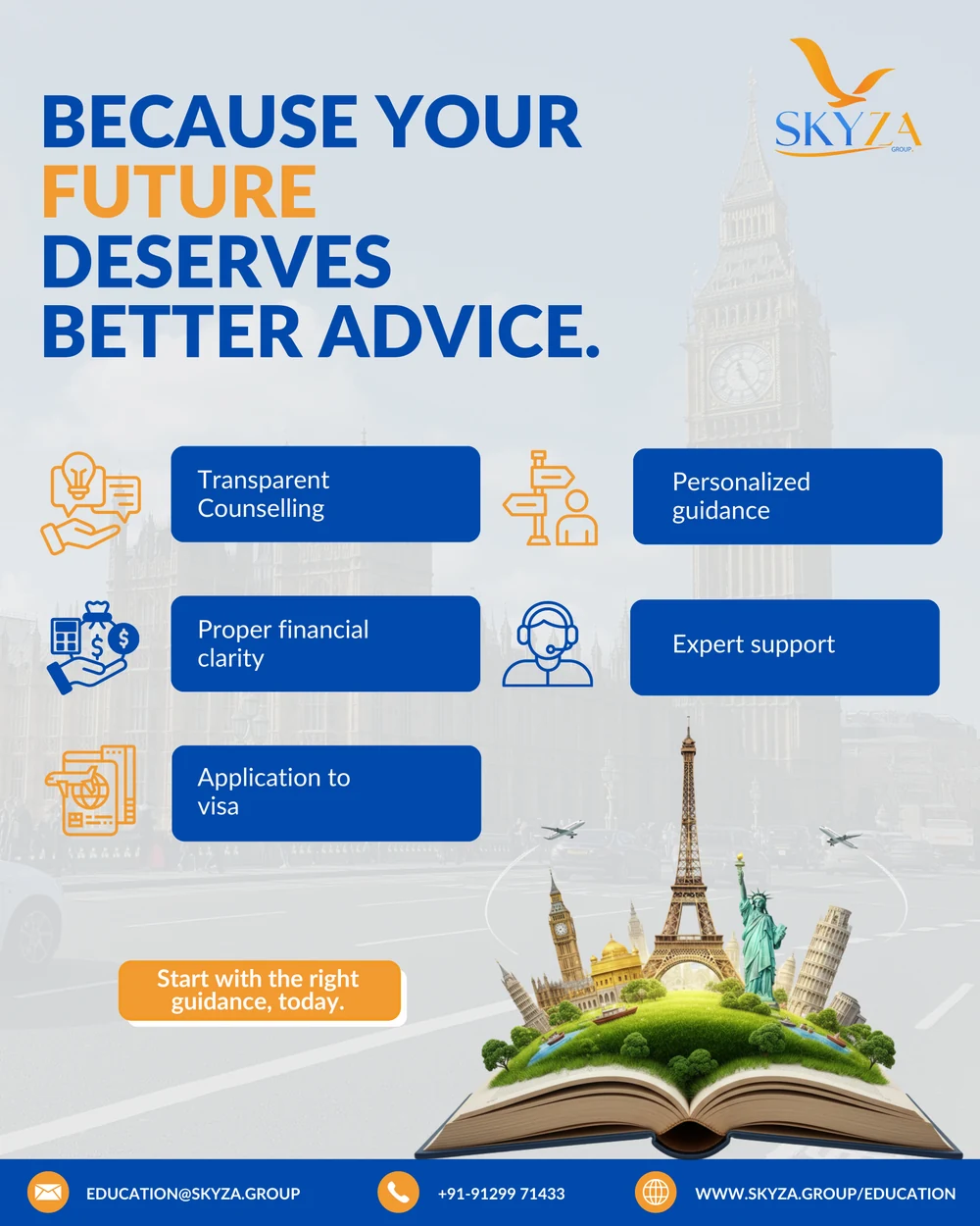 Skyza Education creative stating that a student's future deserves better advice and describing its support