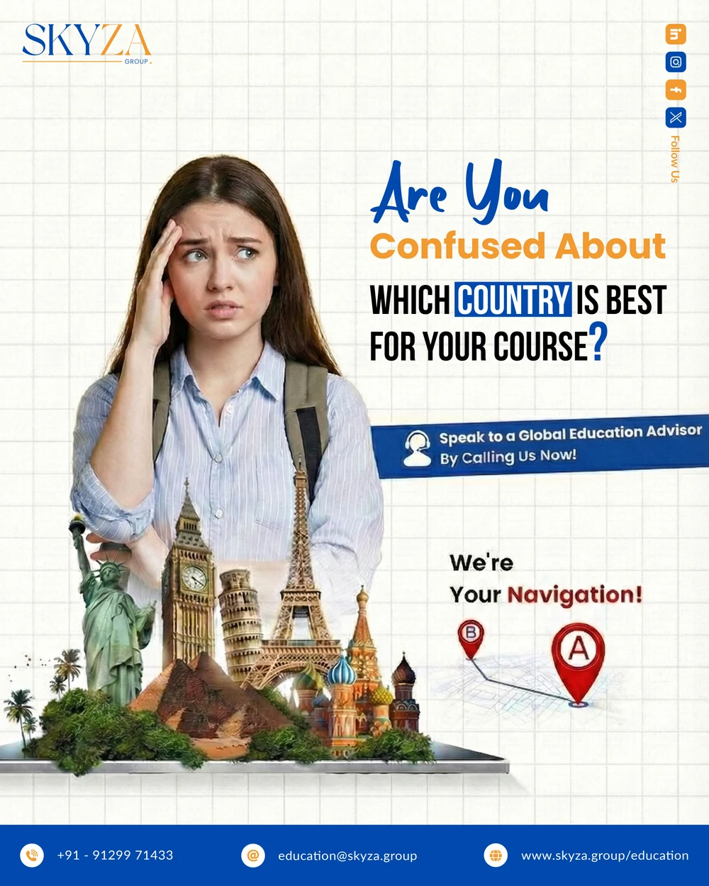Skyza Education creative asking which country is best for a student's course