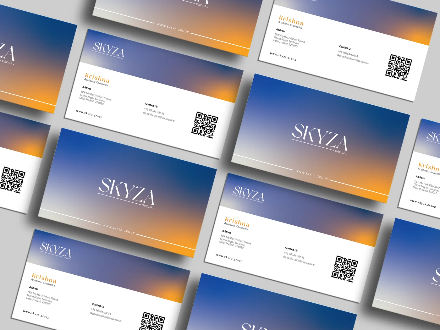 Original Skyza business-card mockup with the blue and gold identity applied to both sides