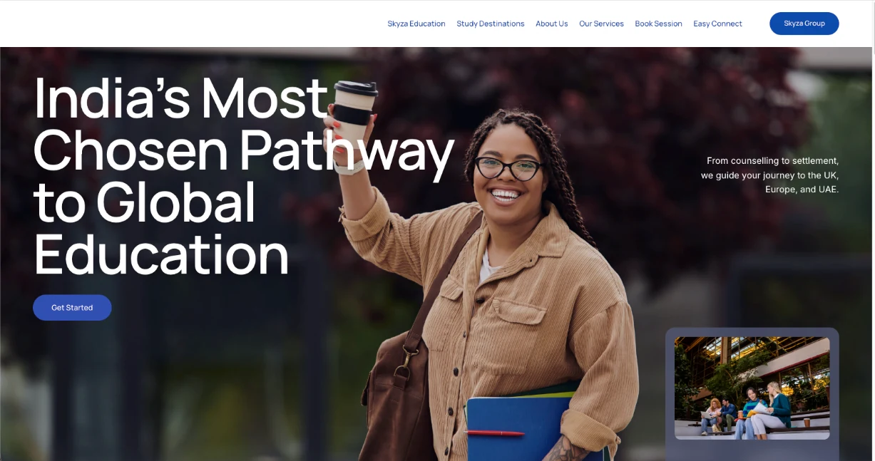 Skyza Education website with a study-abroad offer, service navigation and group link