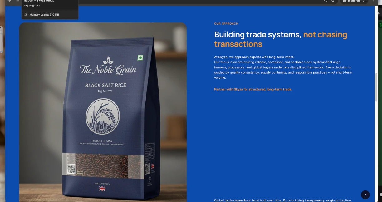Skyza Export website presenting its trade proposition and Black Salt Rice product