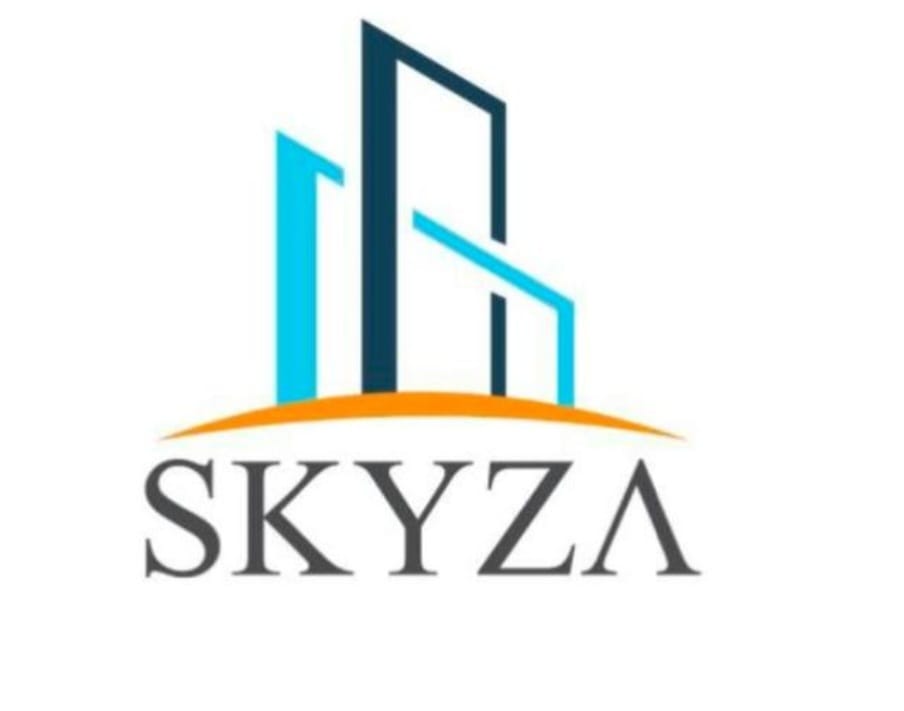 Historical Skyza identity with an architectural symbol above the wordmark