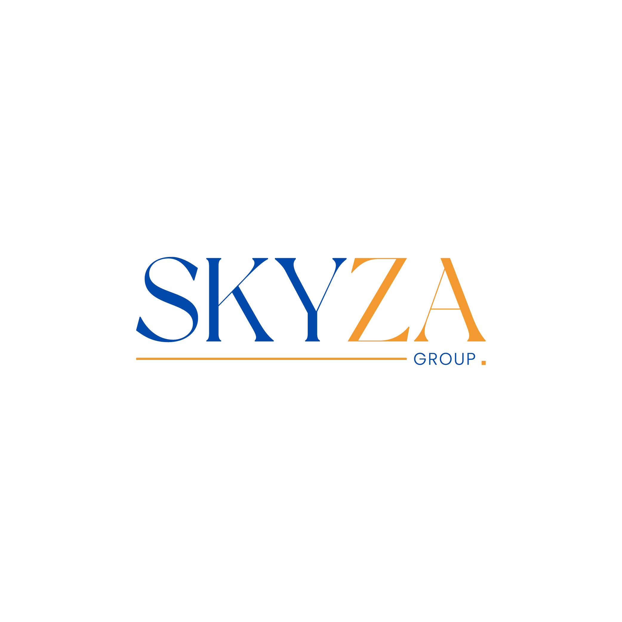Redesigned Skyza Group serif wordmark in its original blue and gold