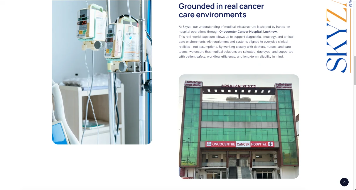Skyza medical-equipment website showing hospital context and the group navigation