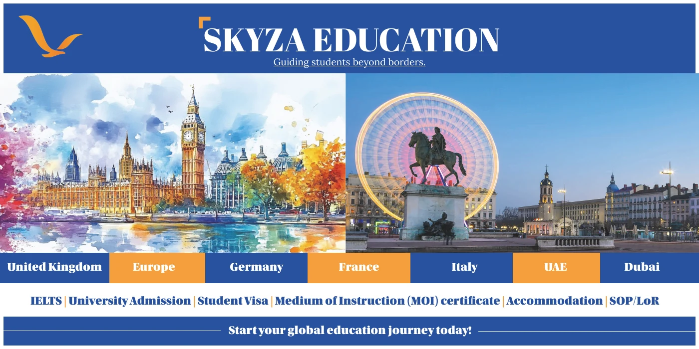 Original Skyza Education poster showing study destinations and admissions-related services