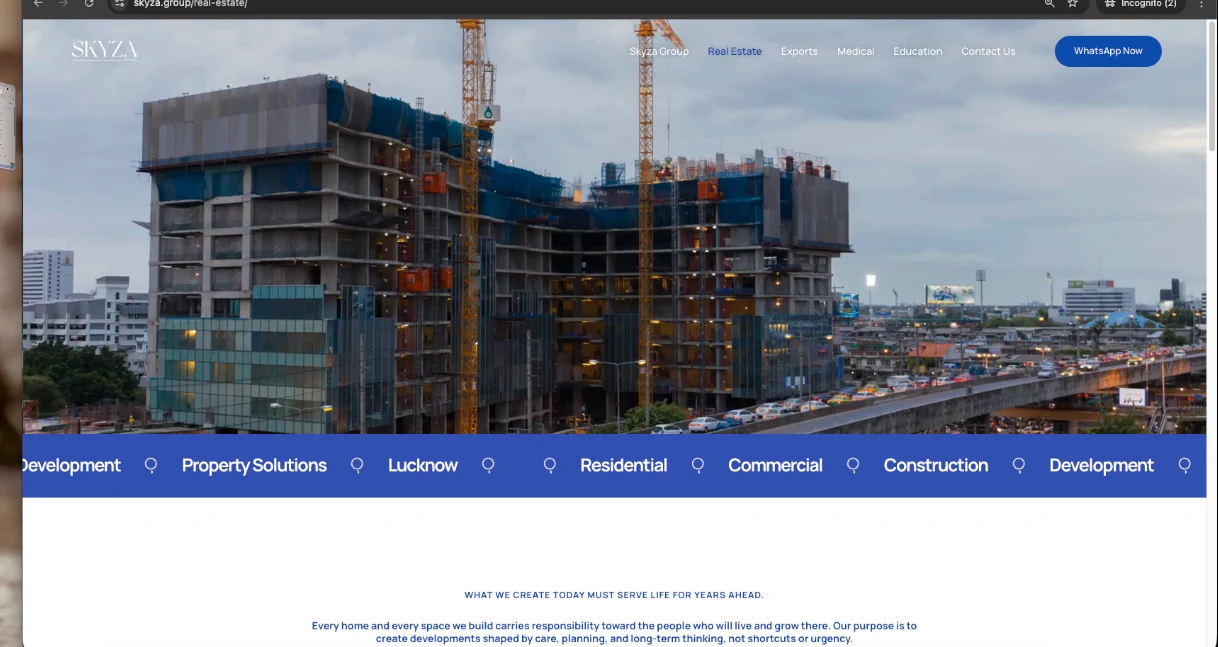 Skyza Realty website carrying the group identity into a property-development page