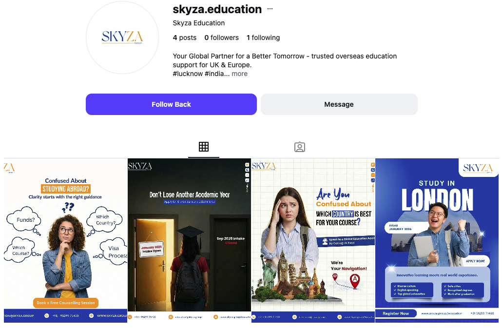 The early Skyza Education Instagram profile and campaign posts.