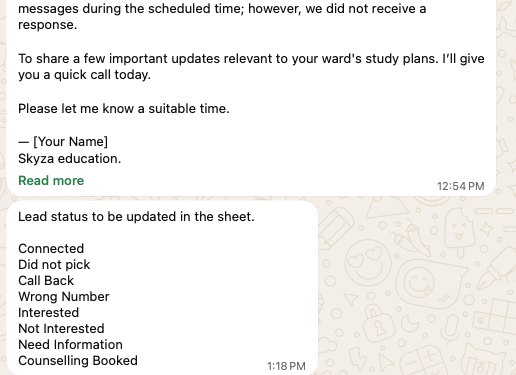 A follow-up message and the agreed lead-status vocabulary: connected, callback, interested and counselling booked.