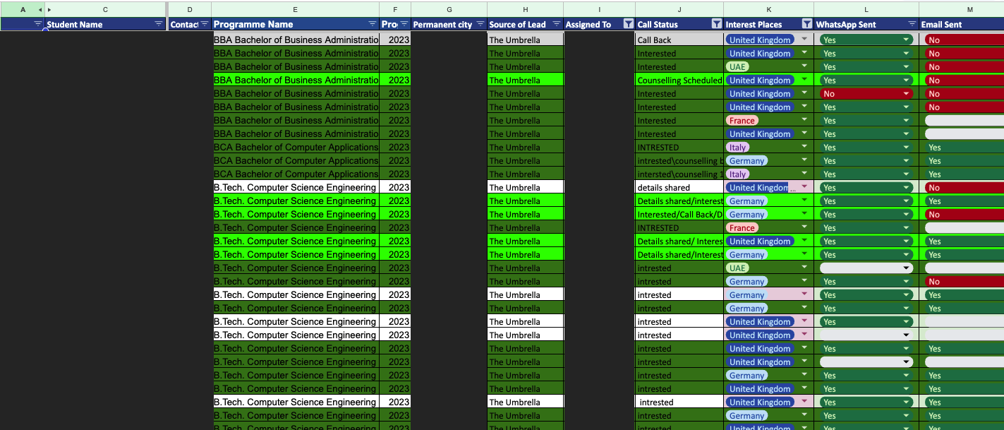 Lead source, assignment and call-status structure from the Revenue folder. Personal records are masked; this is not a revenue total.
